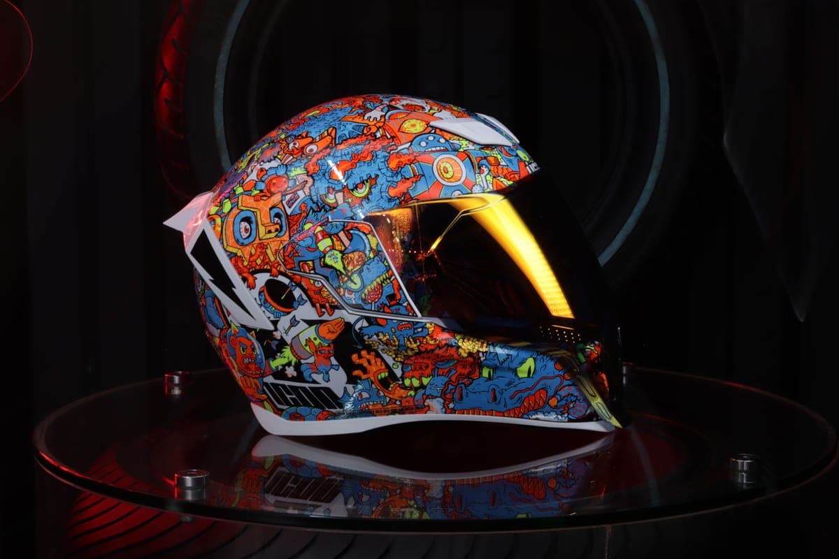 Close-up of a motorcycle helmet's shell and chin bar